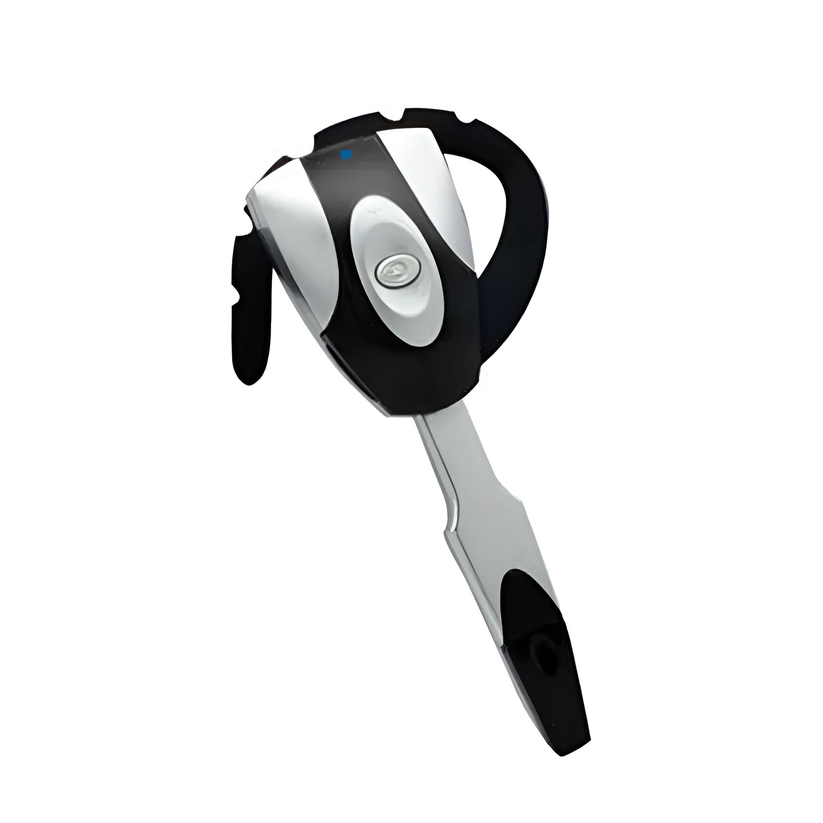 Single ear Bluetooth business headset in black hanging over ear, showing microphone boom.