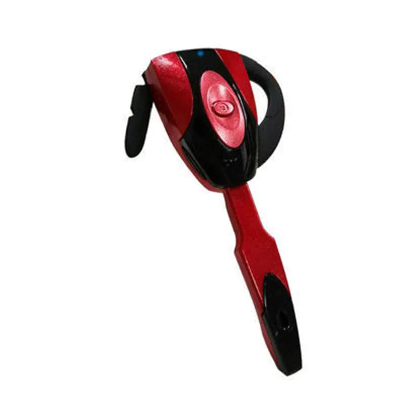 Single ear Bluetooth business headset in black hanging over ear, showing microphone boom.