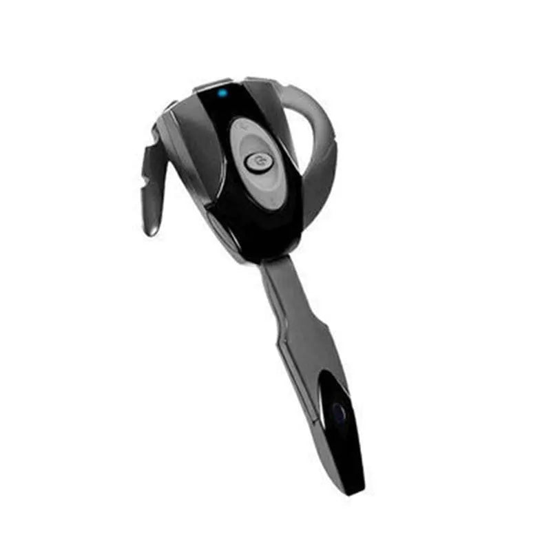 Single ear Bluetooth business headset in black hanging over ear, showing microphone boom.