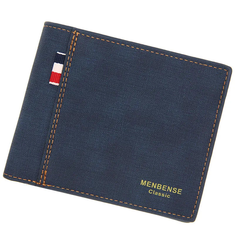 Men's tri-fold leather wallet in black, navy blue, dark brown, and light brown colour options showing large capacity design