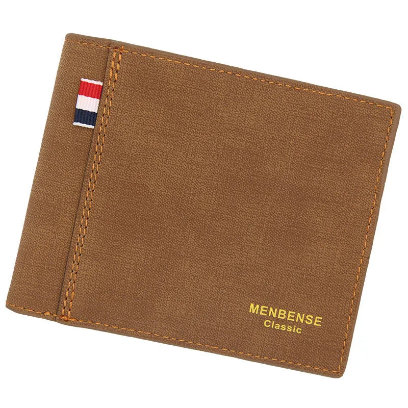 Men's tri-fold leather wallet in black, navy blue, dark brown, and light brown colour options showing large capacity design