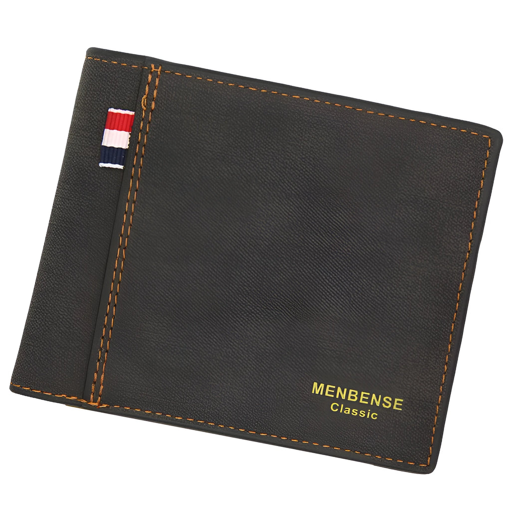 Men's tri-fold leather wallet in black, navy blue, dark brown, and light brown colour options showing large capacity design