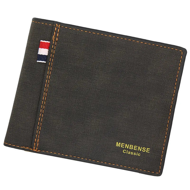 Men's tri-fold leather wallet in black, navy blue, dark brown, and light brown colour options showing large capacity design