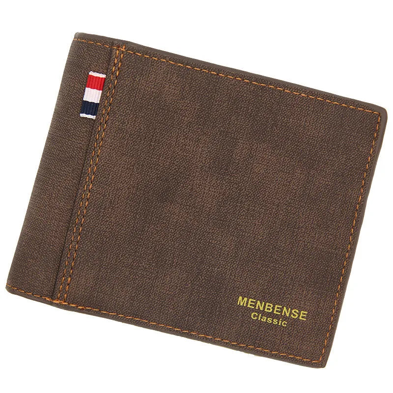 Men's tri-fold leather wallet in black, navy blue, dark brown, and light brown colour options showing large capacity design