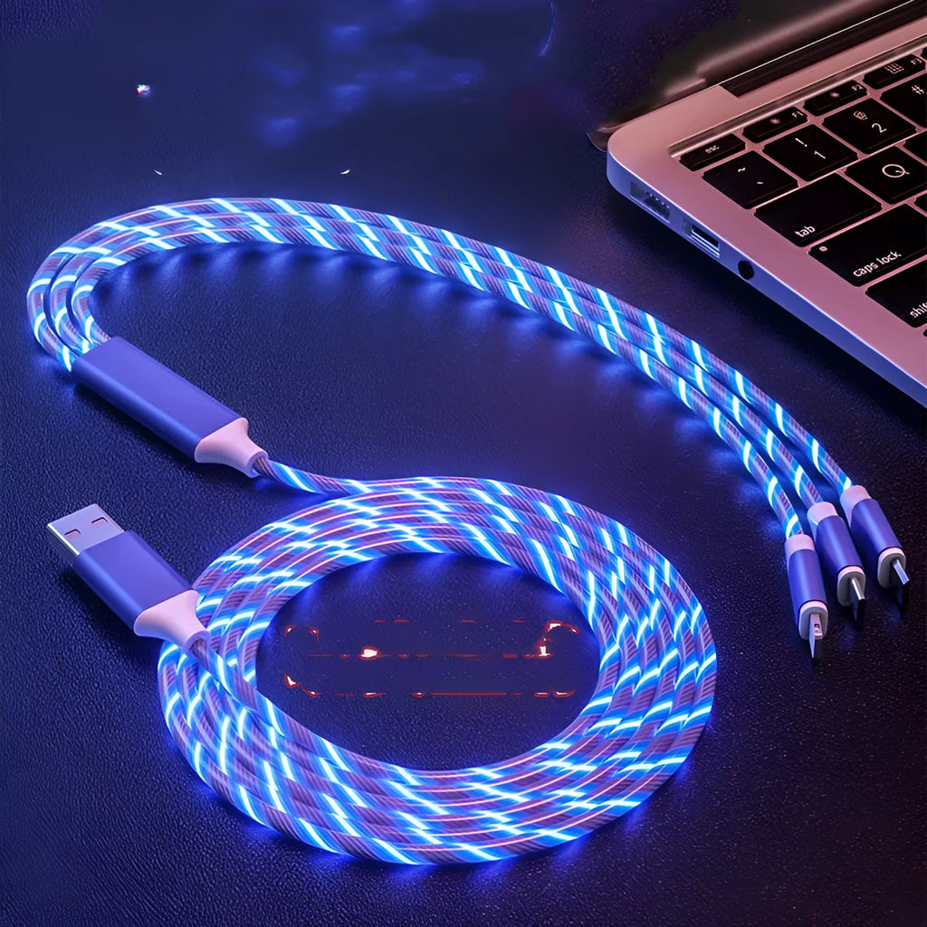 1.25 metre USB cable with one connector splitting into three branches with colourful marquee lights