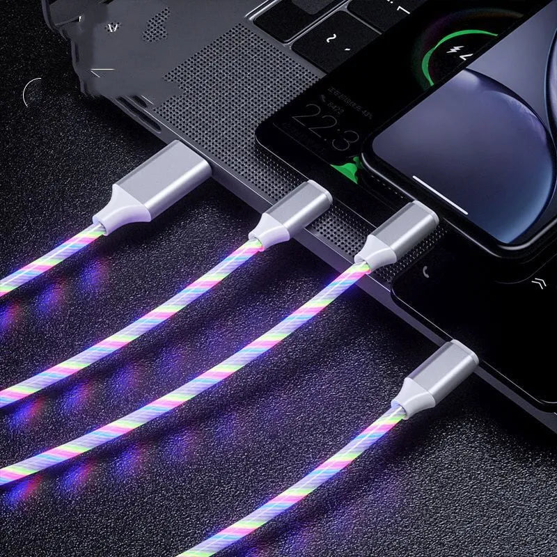 1.25 metre USB cable with one connector splitting into three branches with colourful marquee lights