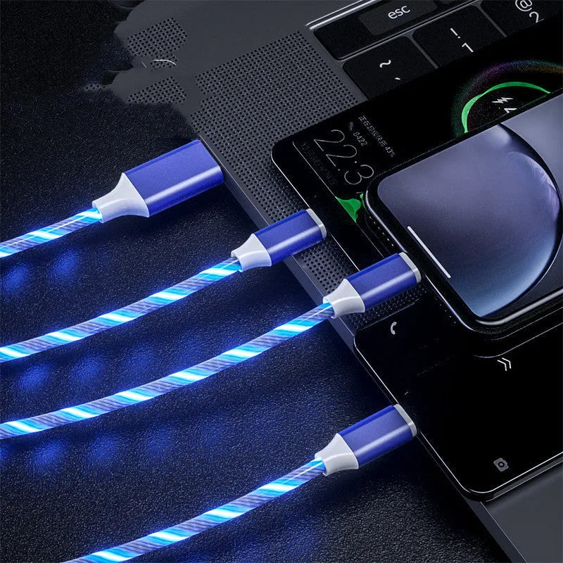 1.25 metre USB cable with one connector splitting into three branches with colourful marquee lights