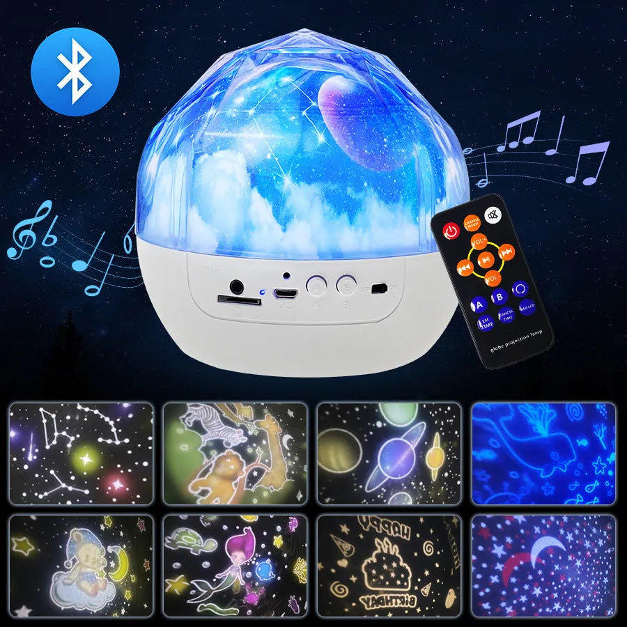 Bluetooth star projector showing cosmic light projection with plastic shade and push-button controls
