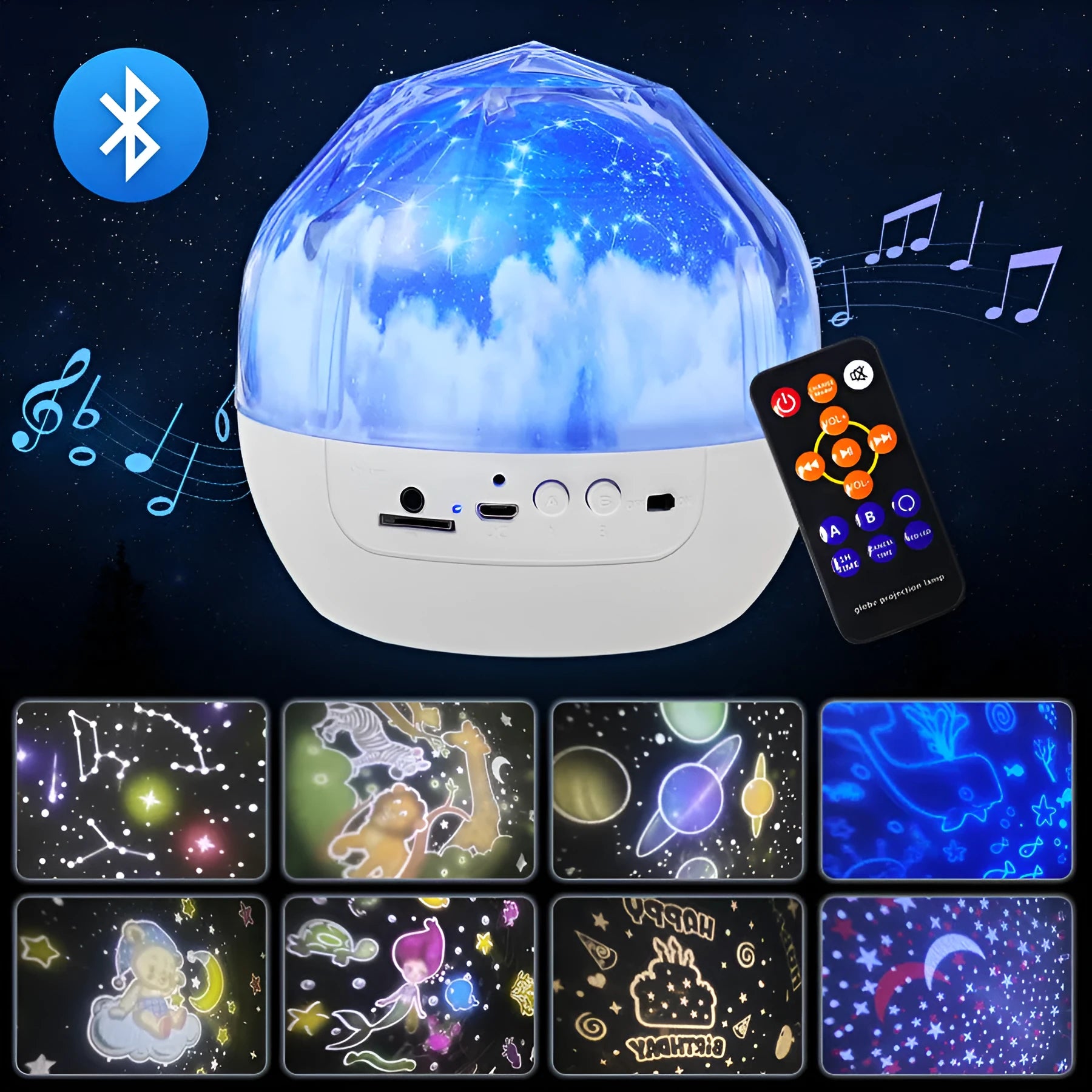 Bluetooth star projector showing cosmic light projection with plastic shade and push-button controls