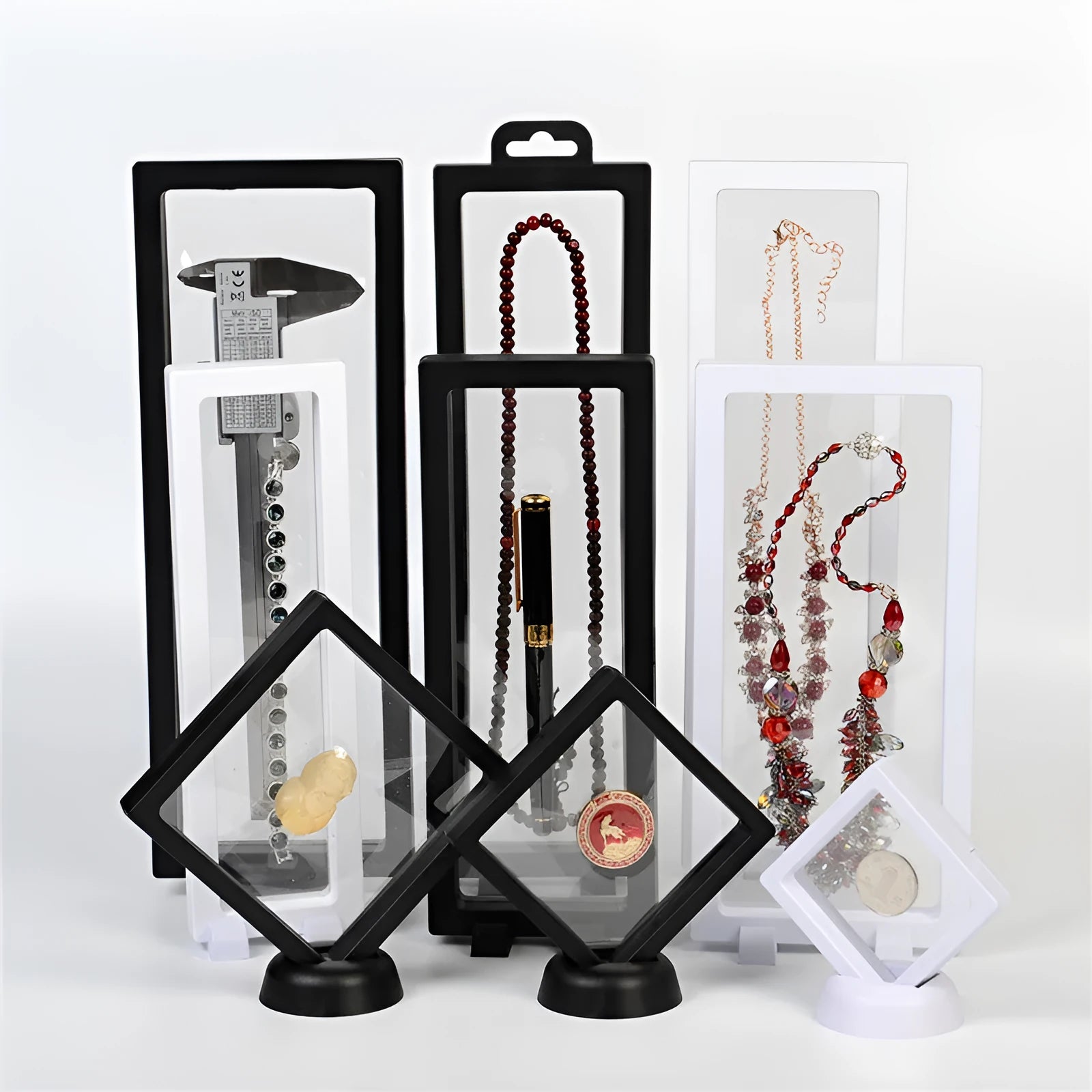 Black 3D floating display cabinet with ABS frame and transparent TPU film showing a medal inside
