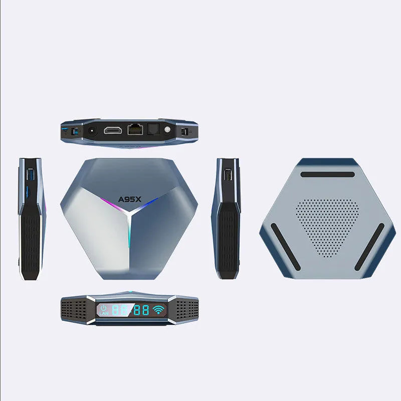 Android 8K TV set-top box with remote control, HDMI cable, and power adapter on a table.