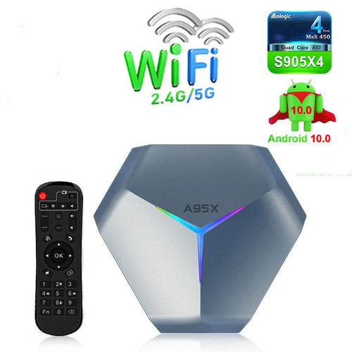 Android 8K TV set-top box with remote control, HDMI cable, and power adapter on a table.