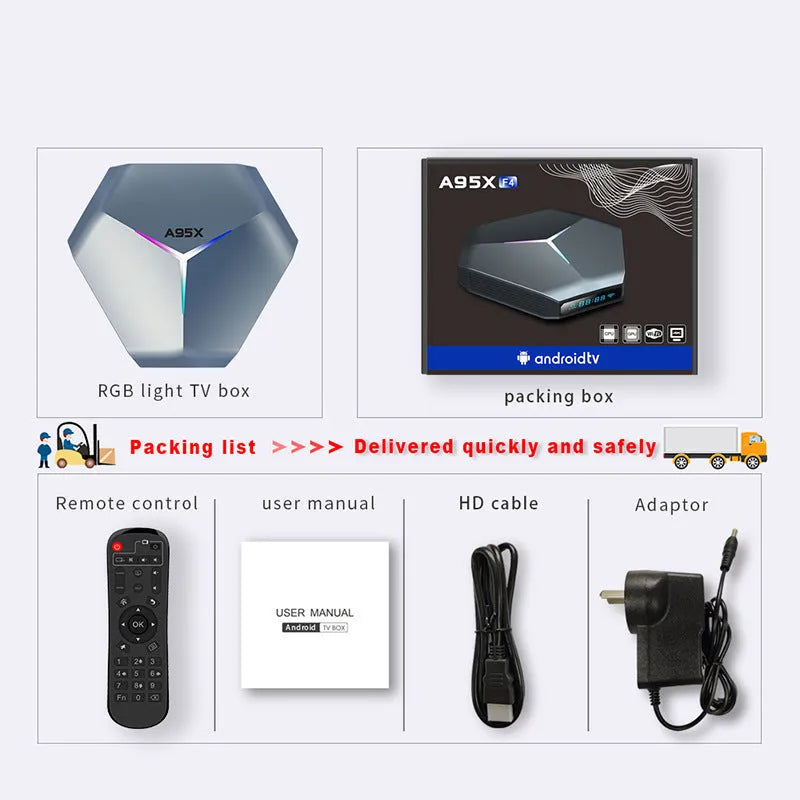 Android 8K TV set-top box with remote control, HDMI cable, and power adapter on a table.