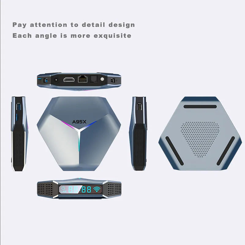 Android 8K TV set-top box with remote control, HDMI cable, and power adapter on a table.