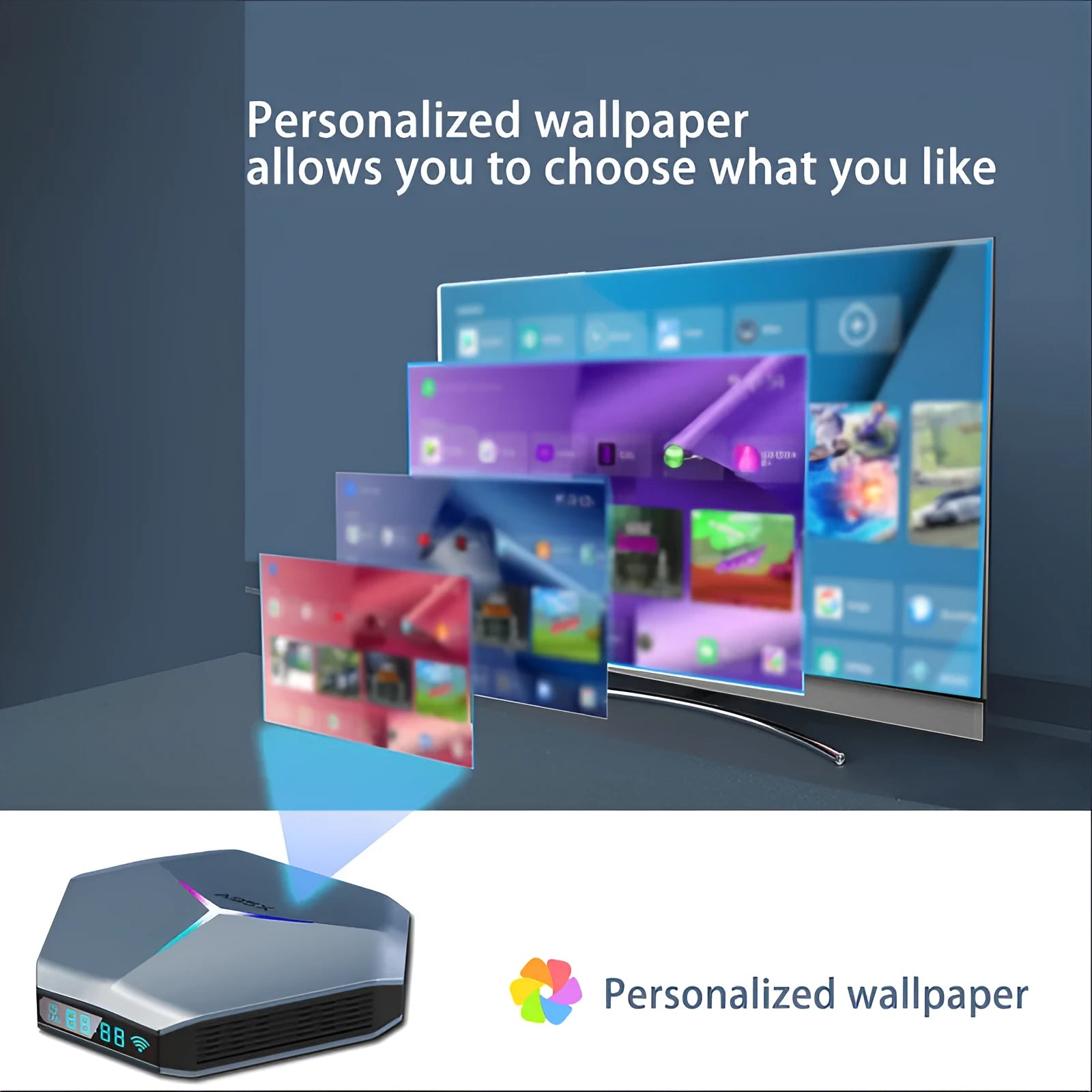 Android 8K TV set-top box with remote control, HDMI cable, and power adapter on a table.