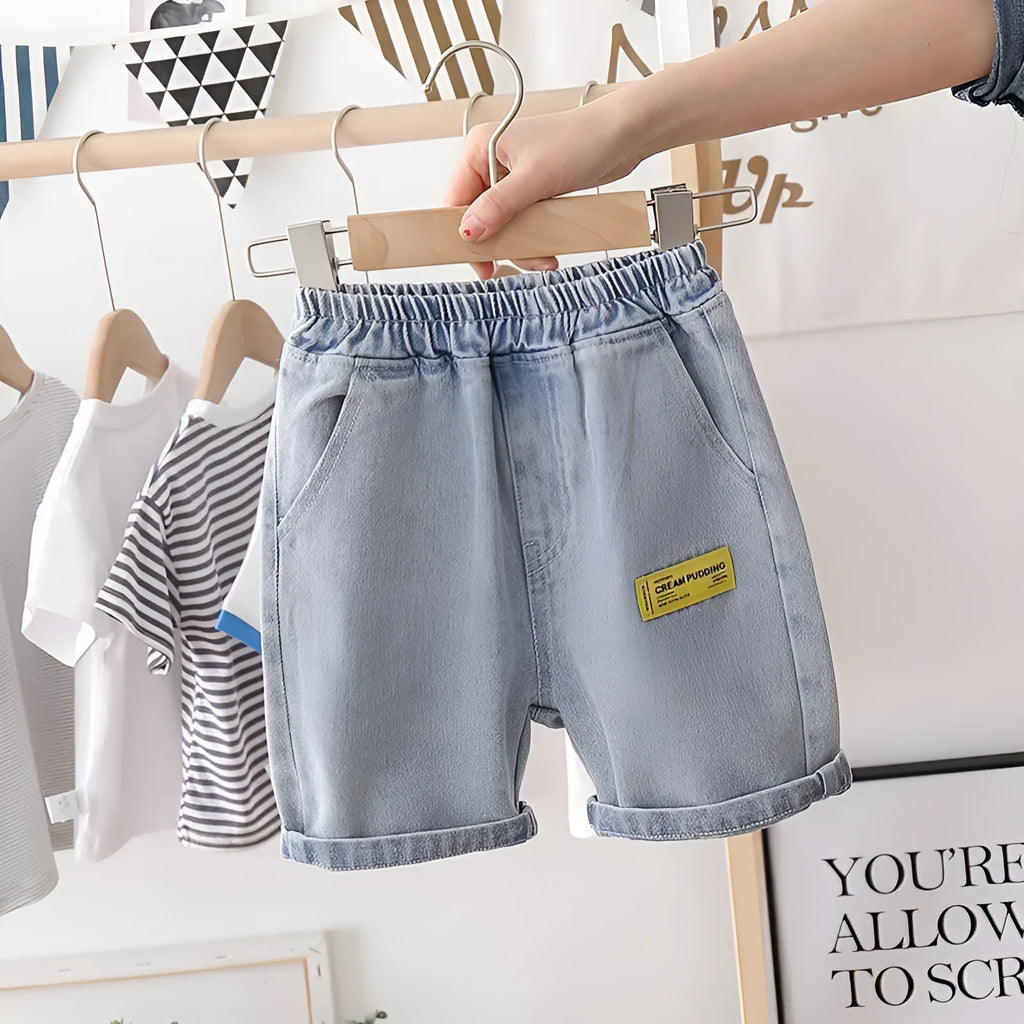 Boys blue denim-look casual cotton shorts for summer on white background
