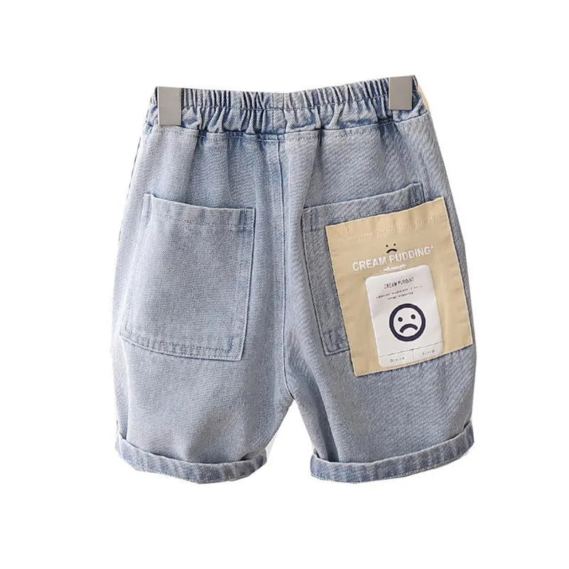 Boys blue denim-look casual cotton shorts for summer on white background