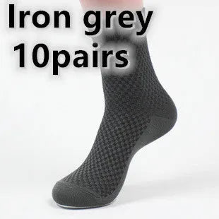 Men's bamboo fibre business socks with small square pattern in black, grey blue, iron grey, navy blue, and silver grey colours