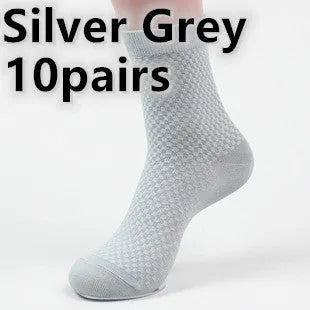 Men's bamboo fibre business socks with small square pattern in black, grey blue, iron grey, navy blue, and silver grey colours