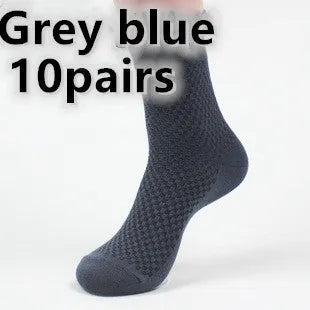 Men's bamboo fibre business socks with small square pattern in black, grey blue, iron grey, navy blue, and silver grey colours