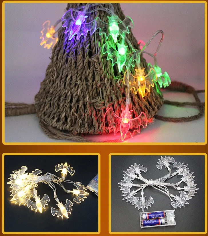 Halloween LED string lights with pumpkin, bat and ghost pendants on 1.2 metre white cable
