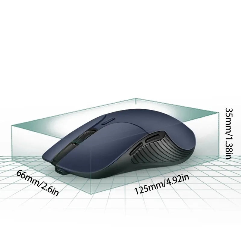 Blue wireless voice control mouse with translation function showing dimensions and voice command button