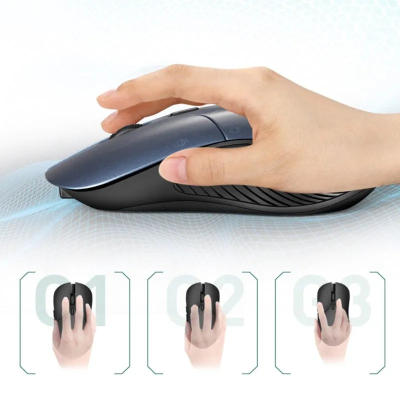 Blue wireless voice control mouse with translation function showing dimensions and voice command button