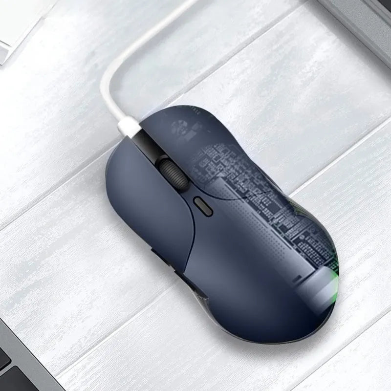 Blue wireless voice control mouse with translation function showing dimensions and voice command button