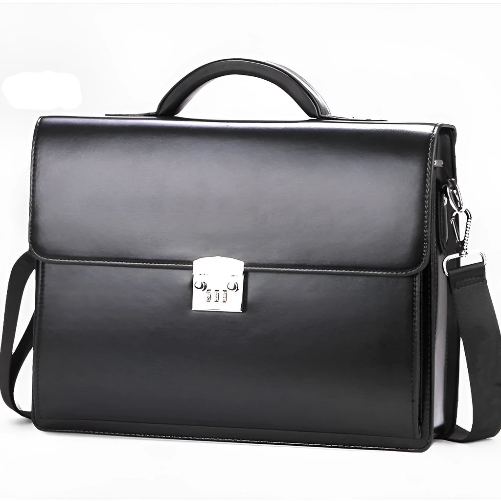 Men's black PU leather business briefcase with horizontal square shape and zipper opening
