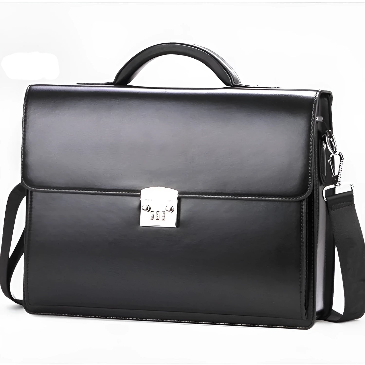 Men's black PU leather business briefcase with horizontal square shape and zipper opening