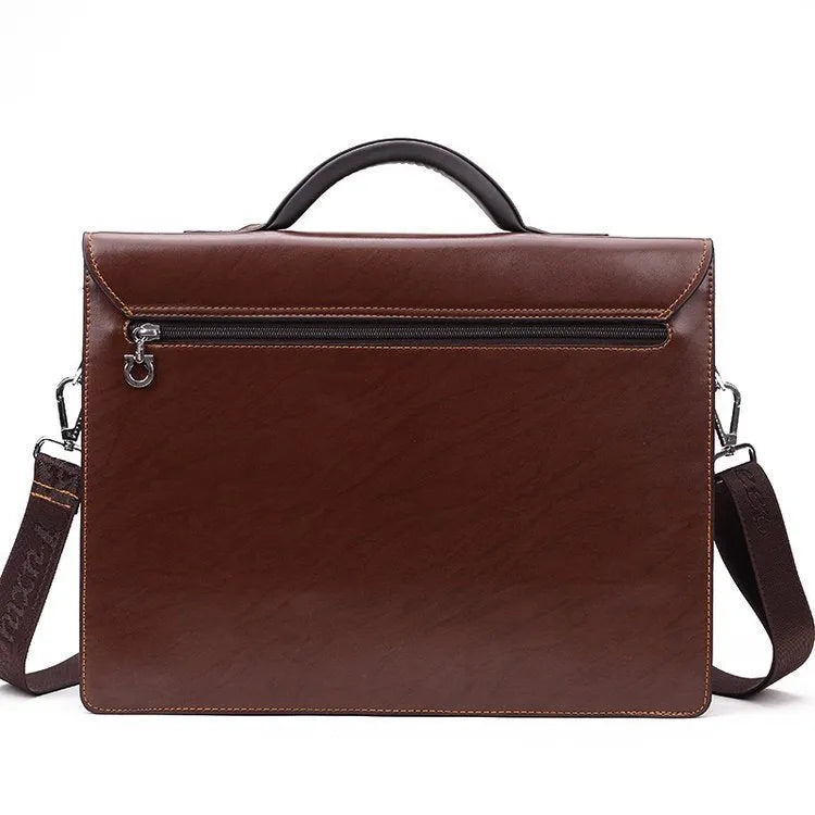 Men's black PU leather business briefcase with horizontal square shape and zipper opening