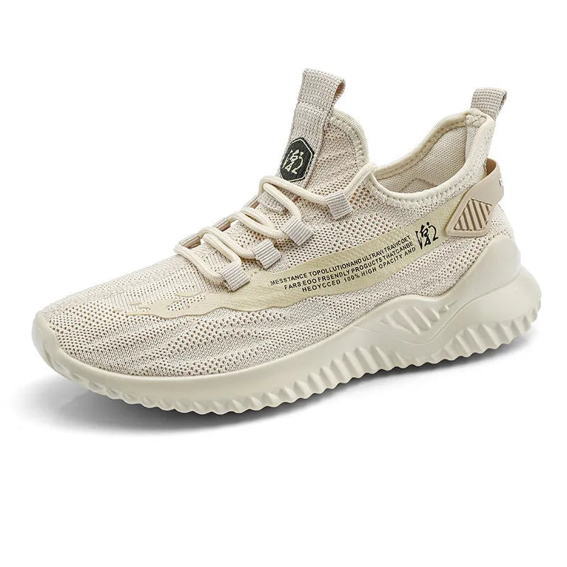 Men's white mesh sports shoes with rubber soles and front tie closure on neutral background
