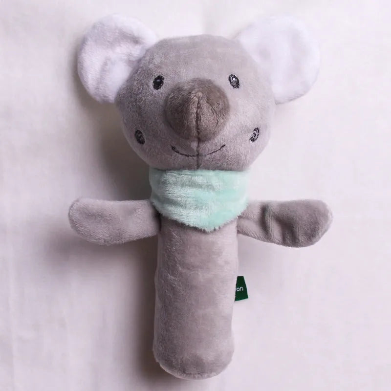 Small grey elephant plush toy with wooden ring bell for newborn babies