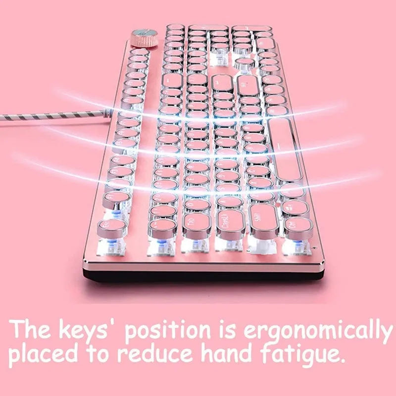 Silver and pink mechanical keyboard with round keys, green switches and white backlighting