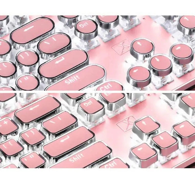 Silver and pink mechanical keyboard with round keys, green switches and white backlighting
