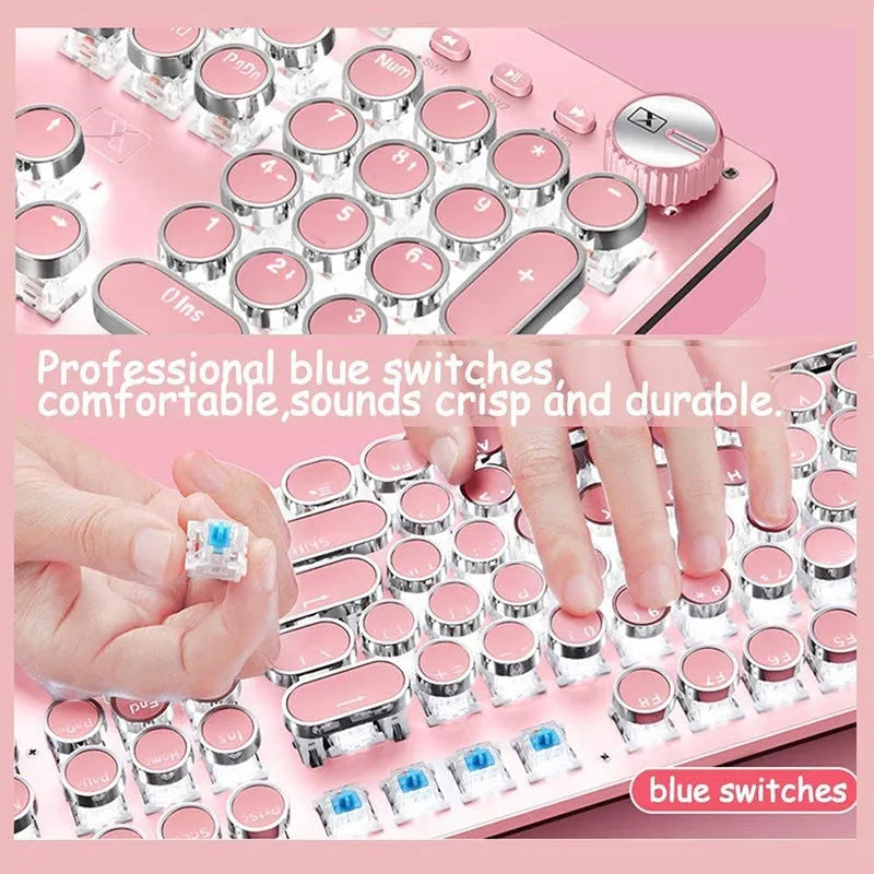 Silver and pink mechanical keyboard with round keys, green switches and white backlighting
