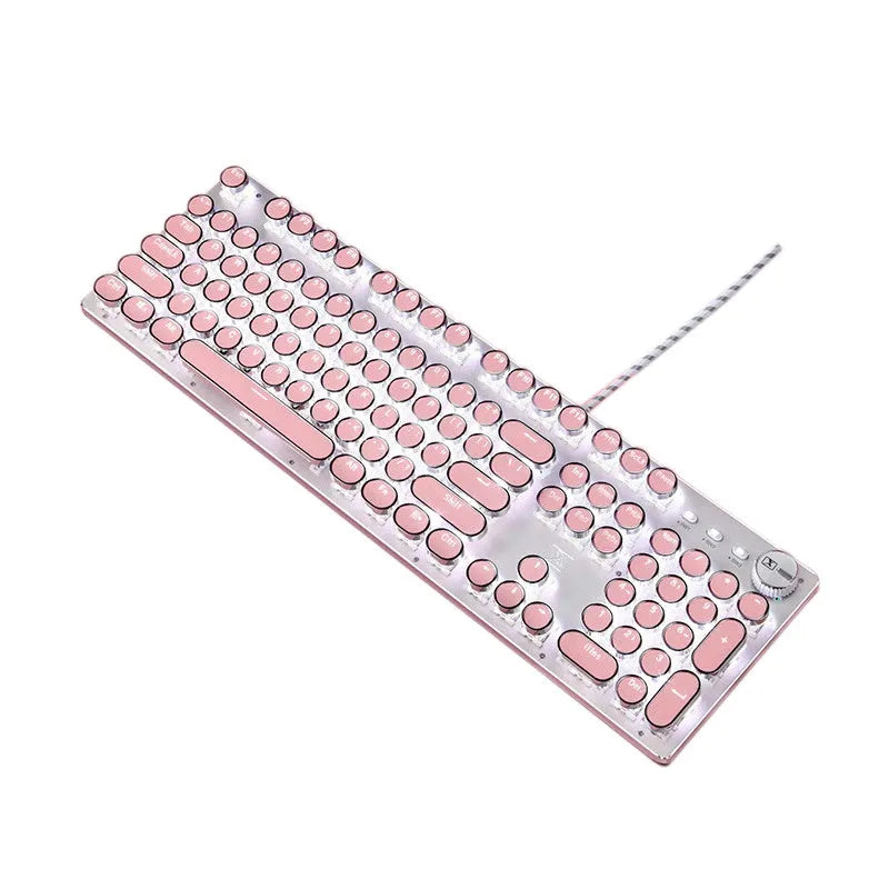 Silver and pink mechanical keyboard with round keys, green switches and white backlighting
