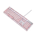 Silver and pink mechanical keyboard with round keys, green switches and white backlighting