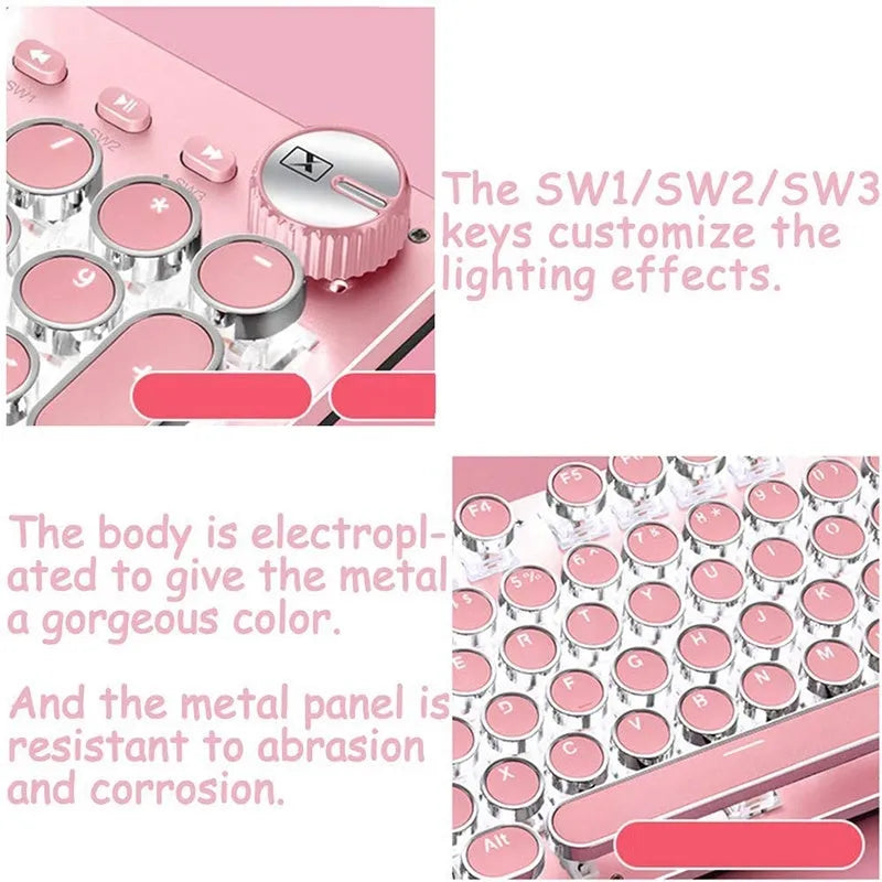 Silver and pink mechanical keyboard with round keys, green switches and white backlighting