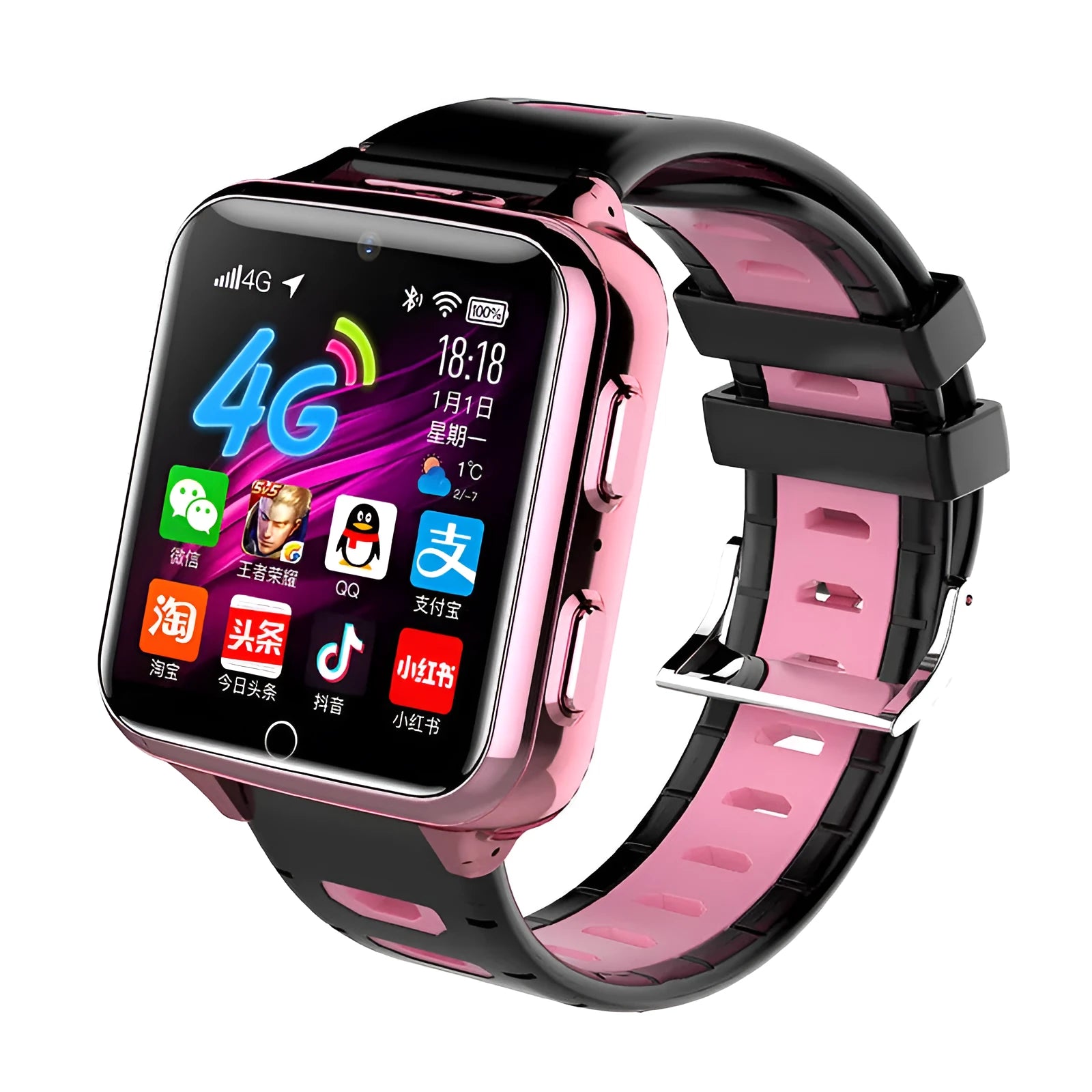 Children's smart watch with 1.54-inch touchscreen in black, blue or pink colours with silicone sport strap