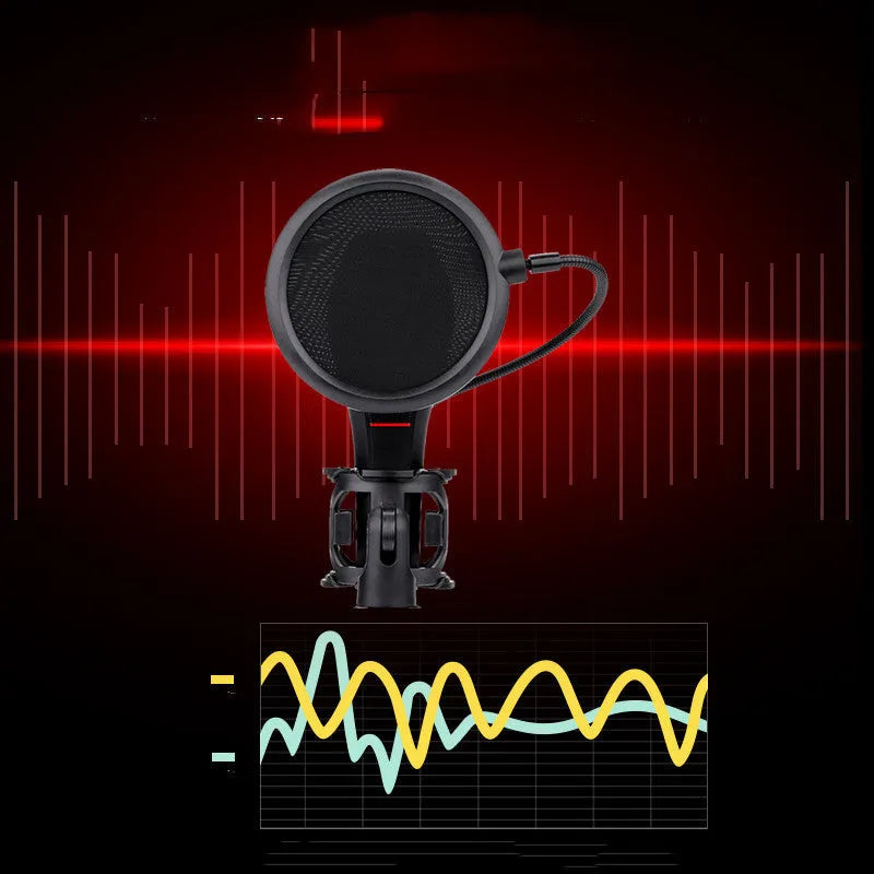 Black wired USB live broadcast microphone for streaming with noise reduction.