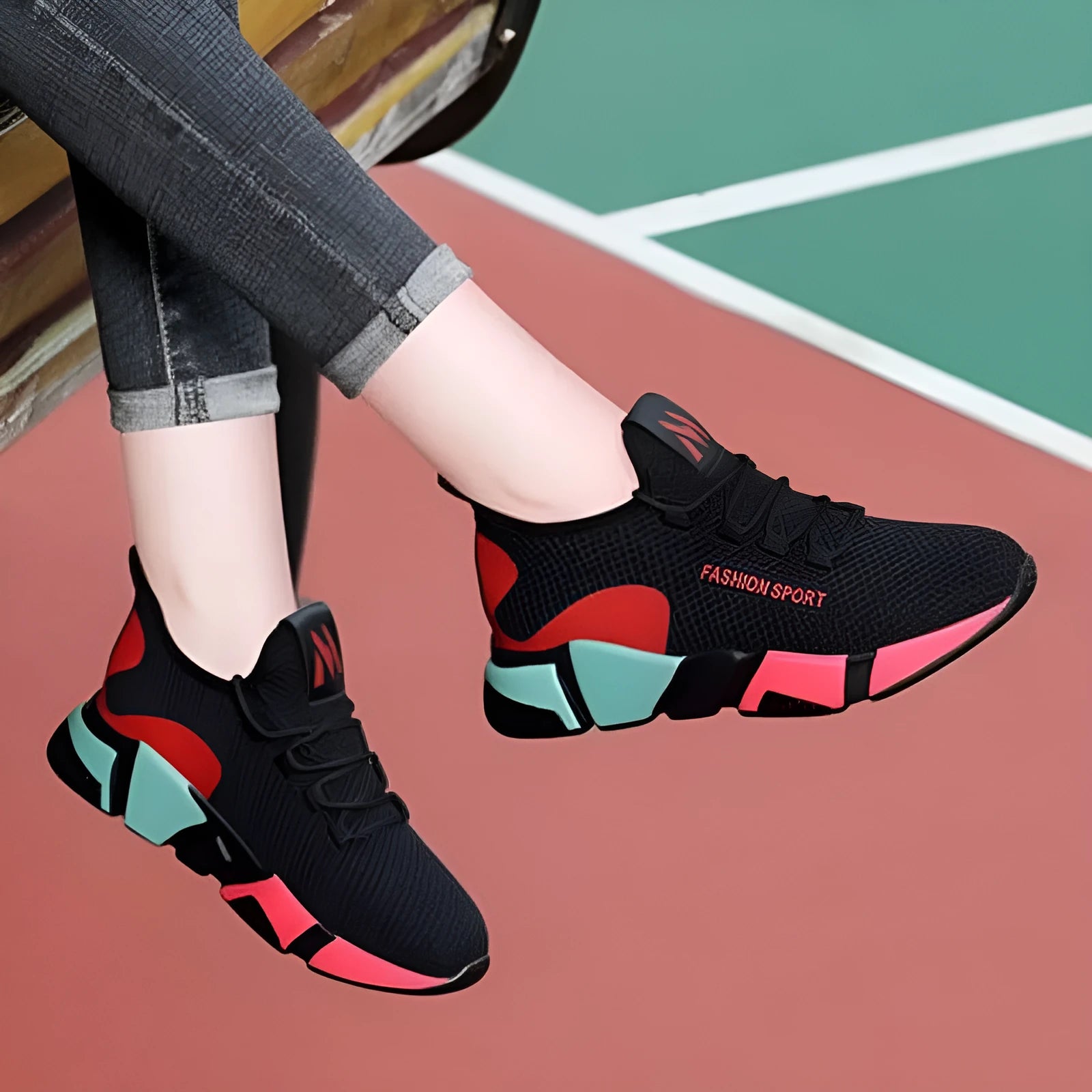 Women's breathable platform sports shoes in colour-blocked design with lace-up closure and wedge heel