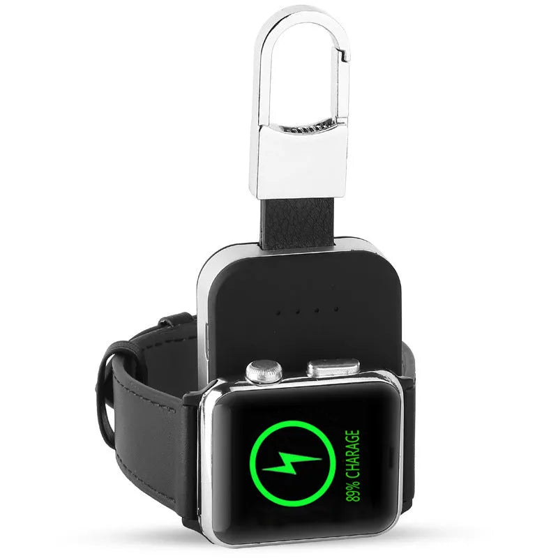 Black Apple Watch keychain power bank showing wireless charging surface and compact size