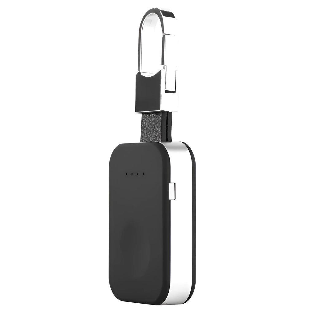 Black Apple Watch keychain power bank showing wireless charging surface and compact size
