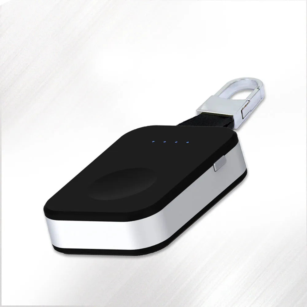 Black Apple Watch keychain power bank showing wireless charging surface and compact size