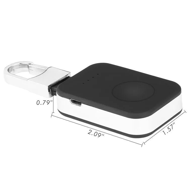 Black Apple Watch keychain power bank showing wireless charging surface and compact size