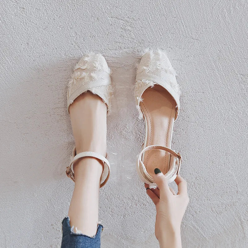 Womens ankle strap dorsay flats with suede upper and 3cm low heel in apricot colour