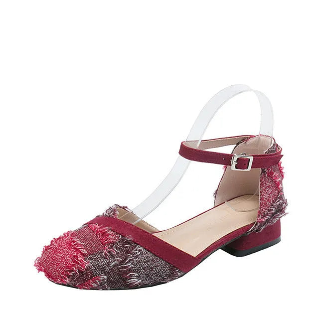 Womens ankle strap dorsay flats with suede upper and 3cm low heel in apricot colour