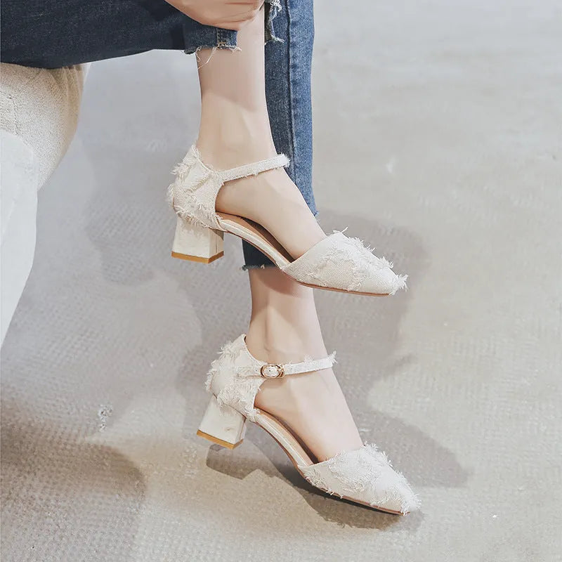 Womens ankle strap dorsay flats with suede upper and 3cm low heel in apricot colour