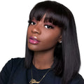 Black human hair wig showing 10 inch short to medium length on a model